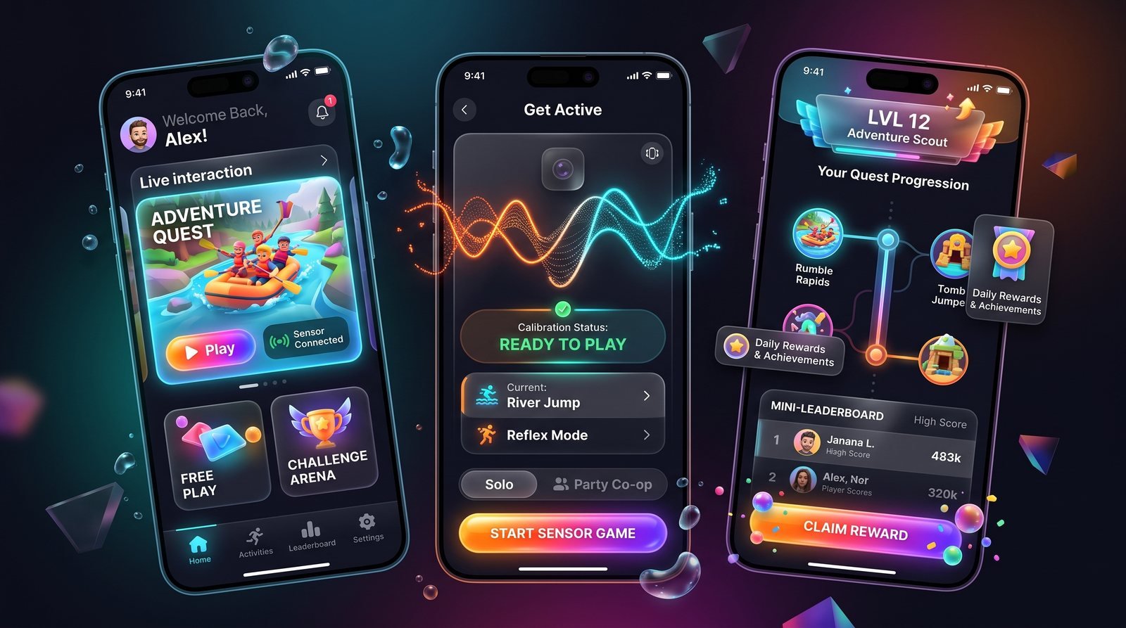 Three FitDash app screens: home with Adventure Quest, camera calibration showing Ready to play, and quest progression with a leaderboard