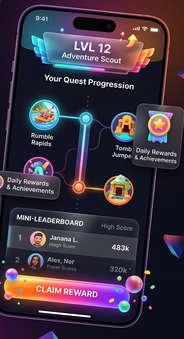FitDash quest progression screen with levels and a mini leaderboard